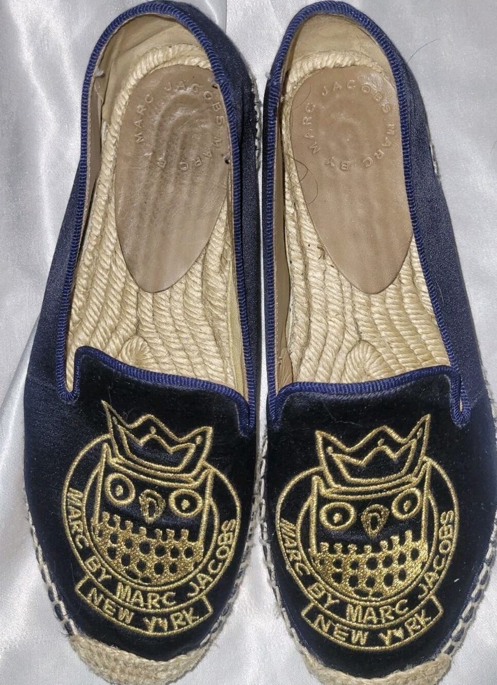 Marc Jacobs New York Espadrille, Navy Blue Velvet & Gold Owl Embroidery Spain